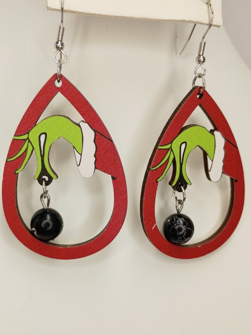 Red Wooden Teardrop Earrings with Green Grinch Accent and Black Bead